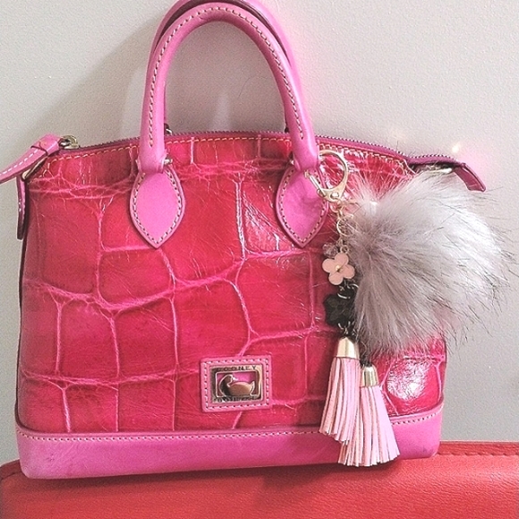 Dooney & Bourke Handbags - Dooney & Bourke Pink Leather Satchel Pink Croc Embossed with Pom Purse Charms